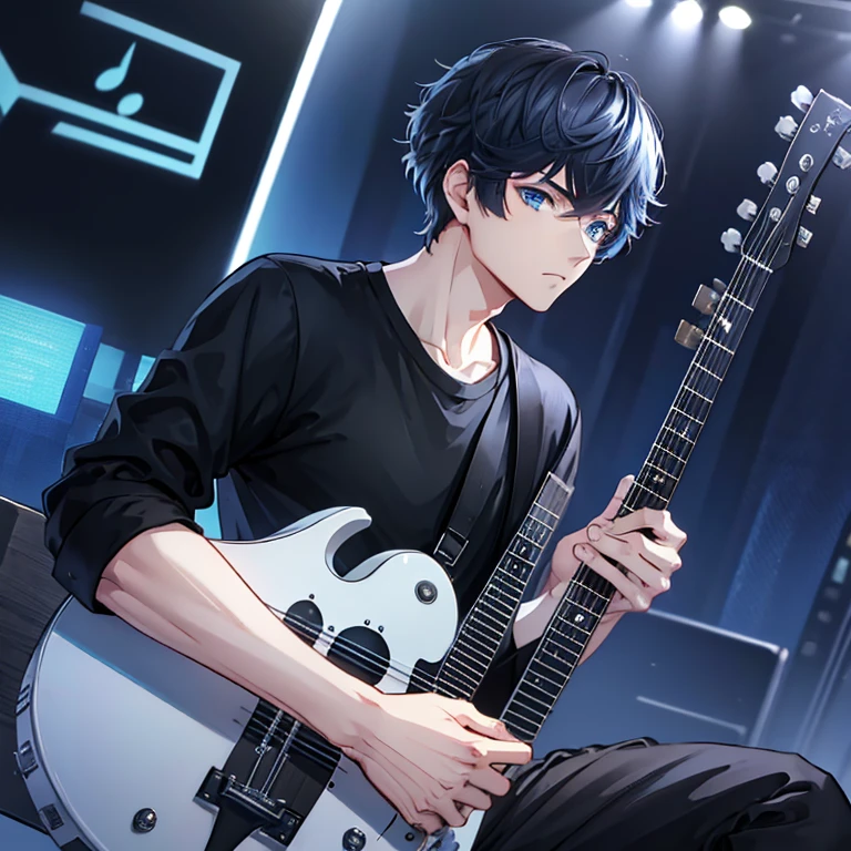 male, black hair, blue eyes, musician, wearing casual modern outfit, Zhou Qiluo