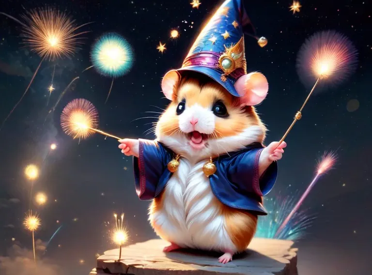 sparklers,hamstania,festival,magic hamster party,((hamster wizard:great joy:pulling the hands up:opening mouth:jumpping:wizard h...