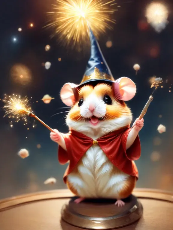 skyrocket,magic hamster party,((hamster wizard:great joy:pulling the hands up:opening mouth:jumpping:wizard hat)),magic wands,,w...