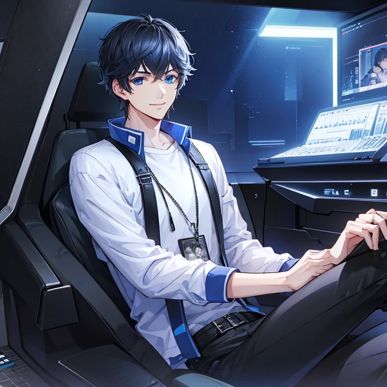 male, black hair, blue eyes, musician, wearing modern casual outfit, smiling, Zhou Qiluo