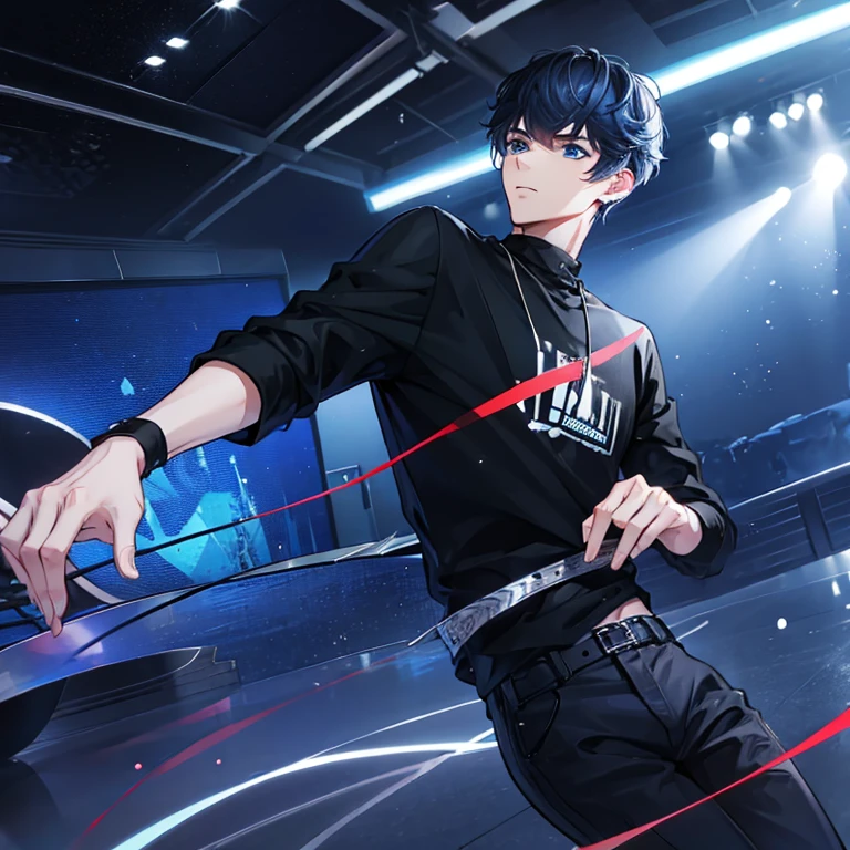 male, black hair, blue eyes, musician, wearing modern casual outfit, dancing, Zhou Qiluo