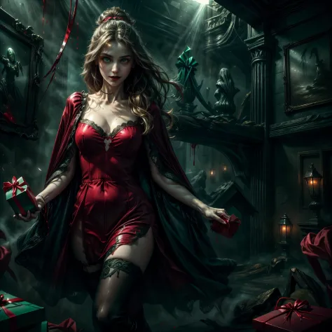 a picture of vampire standing in the front of her home holding a (blood: 1.3) dripping (gift box: 1.5), an exquisite beautiful female vampire in her front door of her home, full body (ultra detailed, Masterpiece, best quality), ultra detailed face (ultra d...