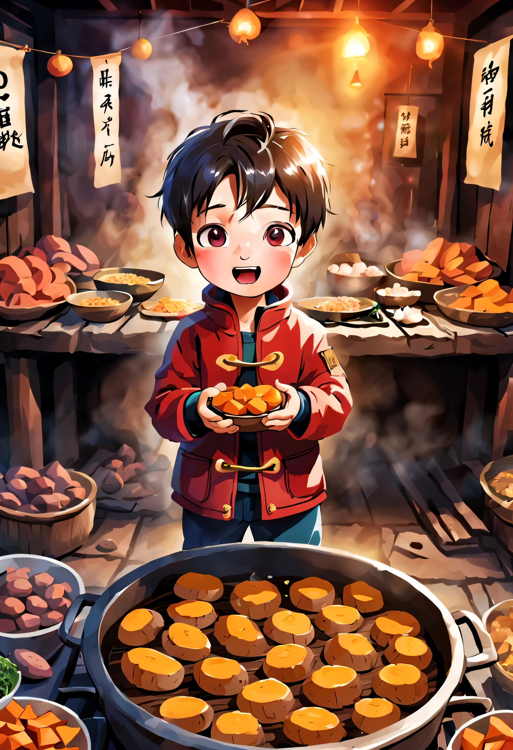 In the lively atmosphere of the Spring Festival temple fair，The cries of various small vendors come and go..。exclude，Roasted sweet potato stall，A little boy in a red cotton-padded jacket stares closely at the oven。His eyes sparkled with excitement，the corners of your mouth rise slightly，As if imagining the deliciousness of roasted sweet potatoes。
The stove is made of yellow mud，Cylindrical shape，About half a meter high。A slight curl of hot steam comes out of the furnace mouth.，With the aroma of sweet potatoes。Sweet potatoes roasted golden in the oven，The skin is a little shiny。The aroma of sweet potatoes overflows，attract people to stop。
Little boy staring at sweet potatoes in the oven，His hands grabbed the corners of his clothes，with expectation。Wait until the sweet potatoes are ripe，little boy holding sweet potato，Holding it in the palm of your hand is like holding a treasure。He carefully tore open the skin，The heat and aroma hit me。he took a bite，Sweetness spreads in the mouth。The little boy has a satisfied smile on his face。