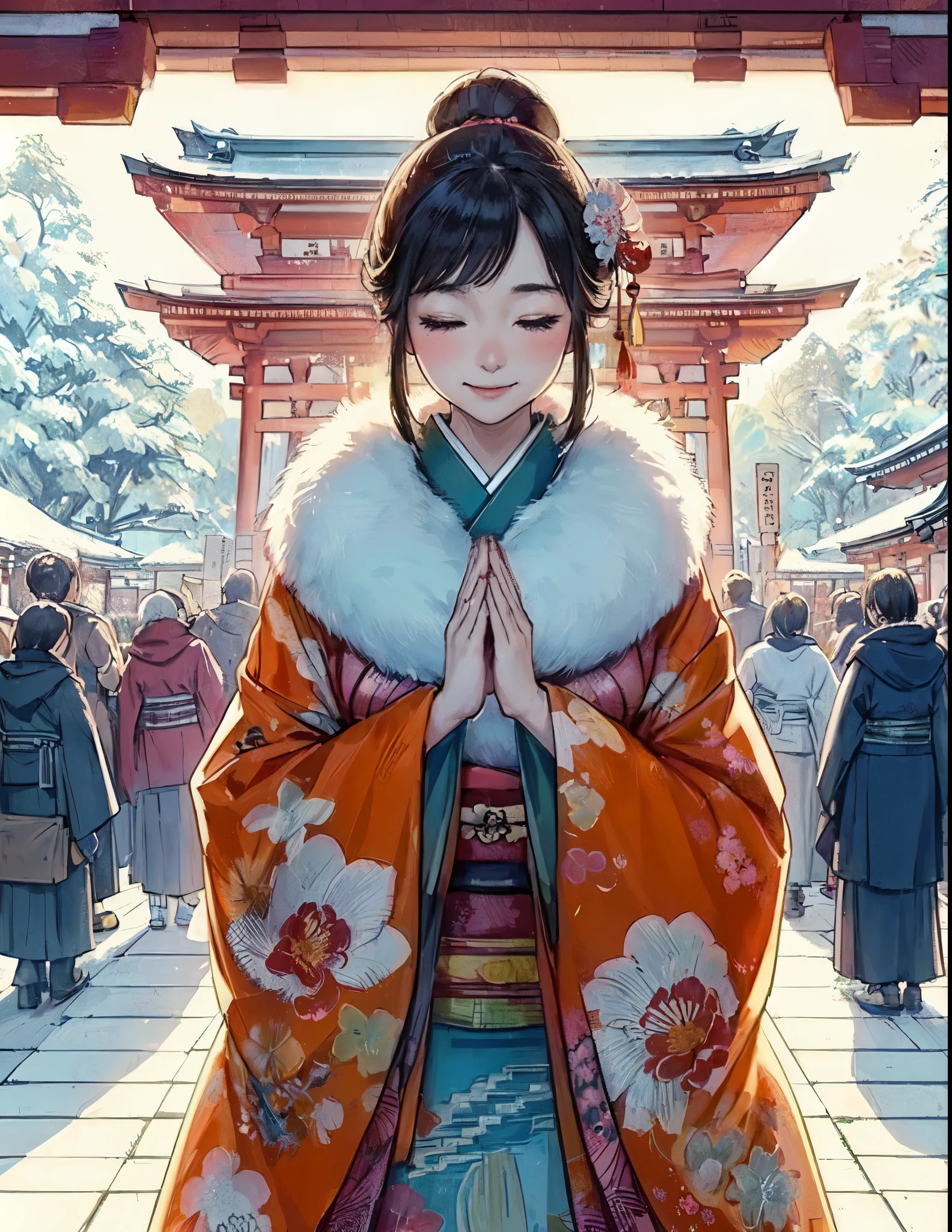 1lady solo, (bringing palms together (in front of face:1.2):1.2), (vibrant kimono) flower ornament, mature female, /(dark brown hair/) bangs, blush light smile (eyes lightly closed:1.1), (masterpiece best quality:1.2) delicate illustration ultra-detailed, large breasts BREAK (Japanese shrine outdoors), (New Year's Day) winter, /(bricks road/), crowded