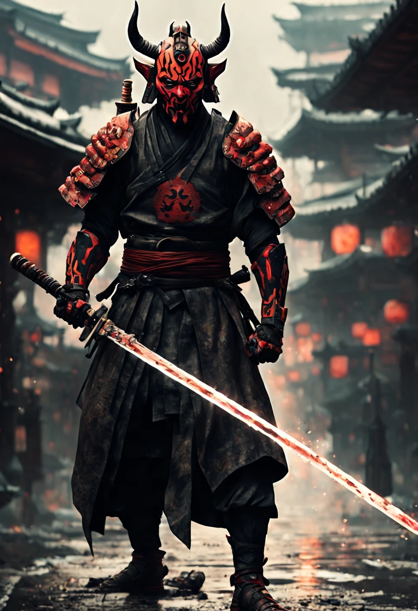 (8k uhd,  masterpiece,  best quality,  high quality,  absurdres,  ultra-detailed,  detailed background),  (full body:1.4),  (a Japanese Darth maul samurai with great sword,  walking across a bunch of Japanese stormtroopers samurai),  (beautiful,  aesthetic,  perfect,  delicate,  intricate:1.2),  (color scheme: black),  (size and shape of great sword: Daishō,  massive and double-edged),  (type of armor: oni style helmet,  black eyes,  bone and leather),  (environment: ancient Japan street,  outside,  cyberpunk,  Cyberpunk, ),  perspective: slightly low angle to emphasize the warrior's power,  lighting: dramatic,  with a spotlight illuminating the warrior's face and sword,  (depth of field: shallow,  with the warrior in sharp focus and the fiery background slightly blurred),  cyborg style, Movie Still,  cyborg, steampunk style,