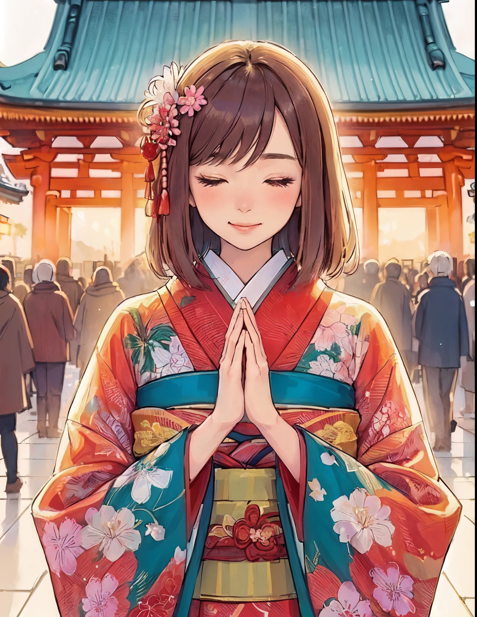 1lady solo, (bringing palms together (in front of face:1.2):1.2), (vibrant kimono) flower ornament, mature female, /(dark brown hair/) bangs, blush light smile (eyes lightly closed:1.1), (masterpiece best quality:1.2) delicate illustration ultra-detailed, large breasts BREAK (Japanese shrine outdoors), (New Year's Day) winter, /(bricks road/), crowded