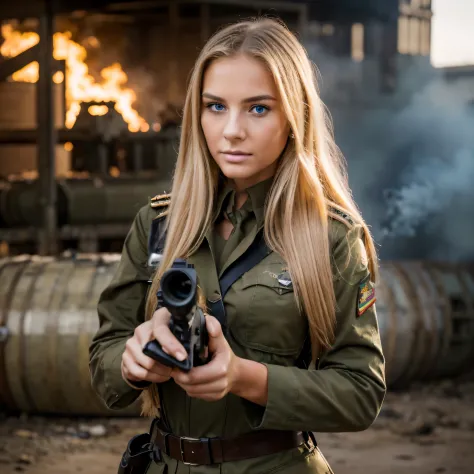 professional, (4k photo:1.1), (Sharp focus:1.3), high detail, young woman dressed in military uniform, firing a rifle with smoke...