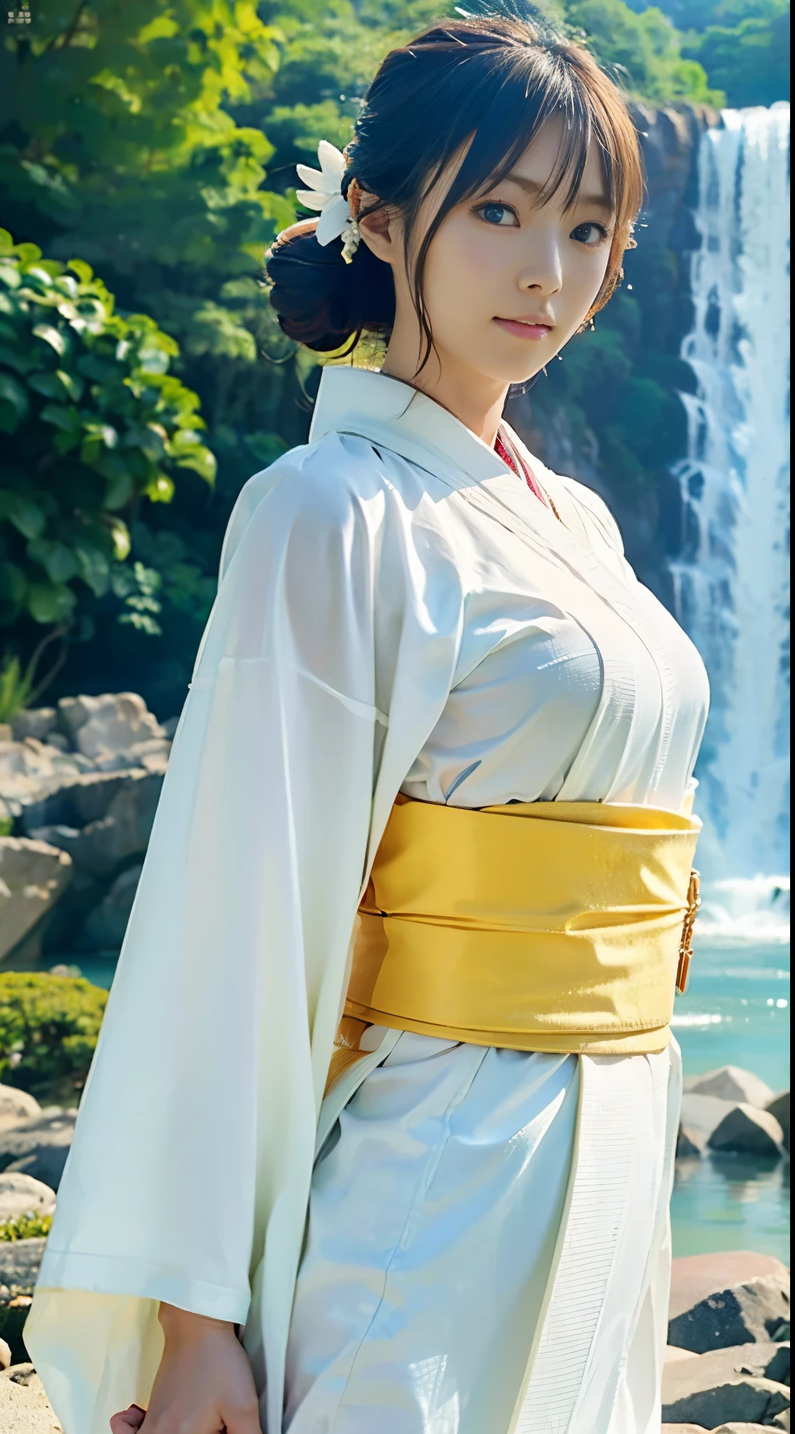 (((Eine schöne Frau trägt einen hauchdünnen weißen Kimono, der wenig Haut freigibt, um sich frühmorgens zu reinigen, und ist bis zur Hüfte im seichten Wasser direkt vor einem großen Wasserfall eingetaucht, Der Kälte trotzen.))),(((Ein reinherziges Gravur-Idol, das einen reinweißen Kimono mit festgebundener Schärpe trägt, badet in einem Wasserfall und hält dabei ihre Hände zusammen.))),(((Tischplatte:1.6))),(((ulzzang-6500))),(((perfekte Anatomie:1.6))),(((Große Tiefenschärfe mit Hasselblad))),(((sexy Taille))),Meisterwerk,Top Qualität,Eine hohe Auflösung,Hochdetailliertes Porträt,(Fotografierealistisch:1.4),(((Hohe Nase und gemeißeltes schönes Gesicht))),(((Lange Gliedmaßen wie ein Model))),Der hellhäutige Nacken ist blendend,(((Der schöne, reinweiße Kimono, der die Linien des Körpers zur Geltung bringt, fällt auf.))),Kopf hoch und bete,((Ganzkörperaufnahme von der Seite)),süße 20 Jahre alt, Ihr langes, glänzendes kastanienbraunes Haar ist hochgesteckt und ihr Nacken ist sexy.,((Stolze F-Körbchen schöne Brüste )),(Ich kann&#39;Ich kann nicht genug von meiner Taille bekommen),(Berühmte beliebte Schauspielerinnen aus Japan),(Ich schaue über meine Schulter, hebe meine Mundwinkel und Augenbrauen, und halte dich zurück.),Ein Auge fürs Detail,((Gravur-Fotoshooting an einem großen Wasserfallbecken, umgeben von eleganten Bäumen)),((lange Wimpern,großes Auge,Markante Doppellider,((glänzende dicke Lippen)),(((perfekte Anatomie:1.4))),