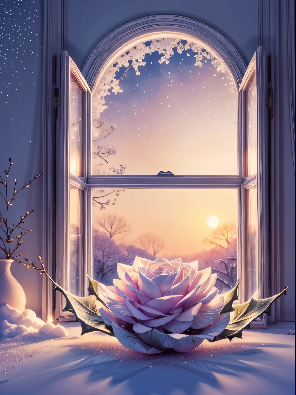 (Best quality:1.2), aesthetic lo-fi minimalist scene, winter, holly flower, window, moon, light bokeh, in soft colors, glitter, dynamic side angle, natural soft lighting, 8k resolution, illustration