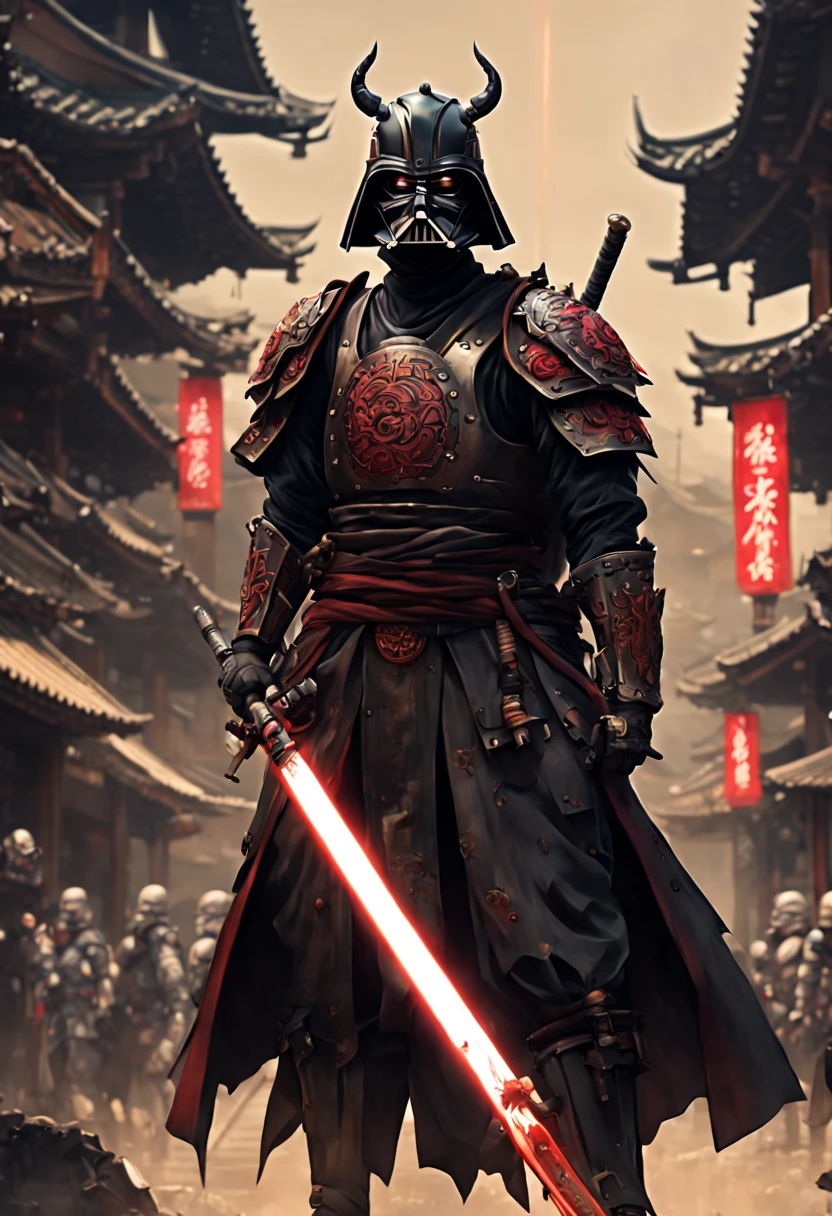 (8k uhd, masterpiece, best quality, high quality, absurdres, ultra-detailed, detailed background), (full body:1.4), (a Japanese Darth vader  samurai with great sword, walking across a bunch of Japanese stormtroopers samurai), (beautiful, aesthetic, perfect, delicate, intricate:1.2), (color scheme: black), (size and shape of great sword: Daishō, massive and double-edged), (type of armor: oni style helmet, black eyes, bone and leather), (environment: ancient Japan street, outside, cyberpunk, Cyberpunk, ), perspective: slightly low angle to emphasize the warrior's power, lighting: dramatic, with a spotlight illuminating the warrior's face and sword, (depth of field: shallow, with the warrior in sharp focus and the fiery background slightly blurred), cyborg style, Movie Still, cyborg, steampunk style,