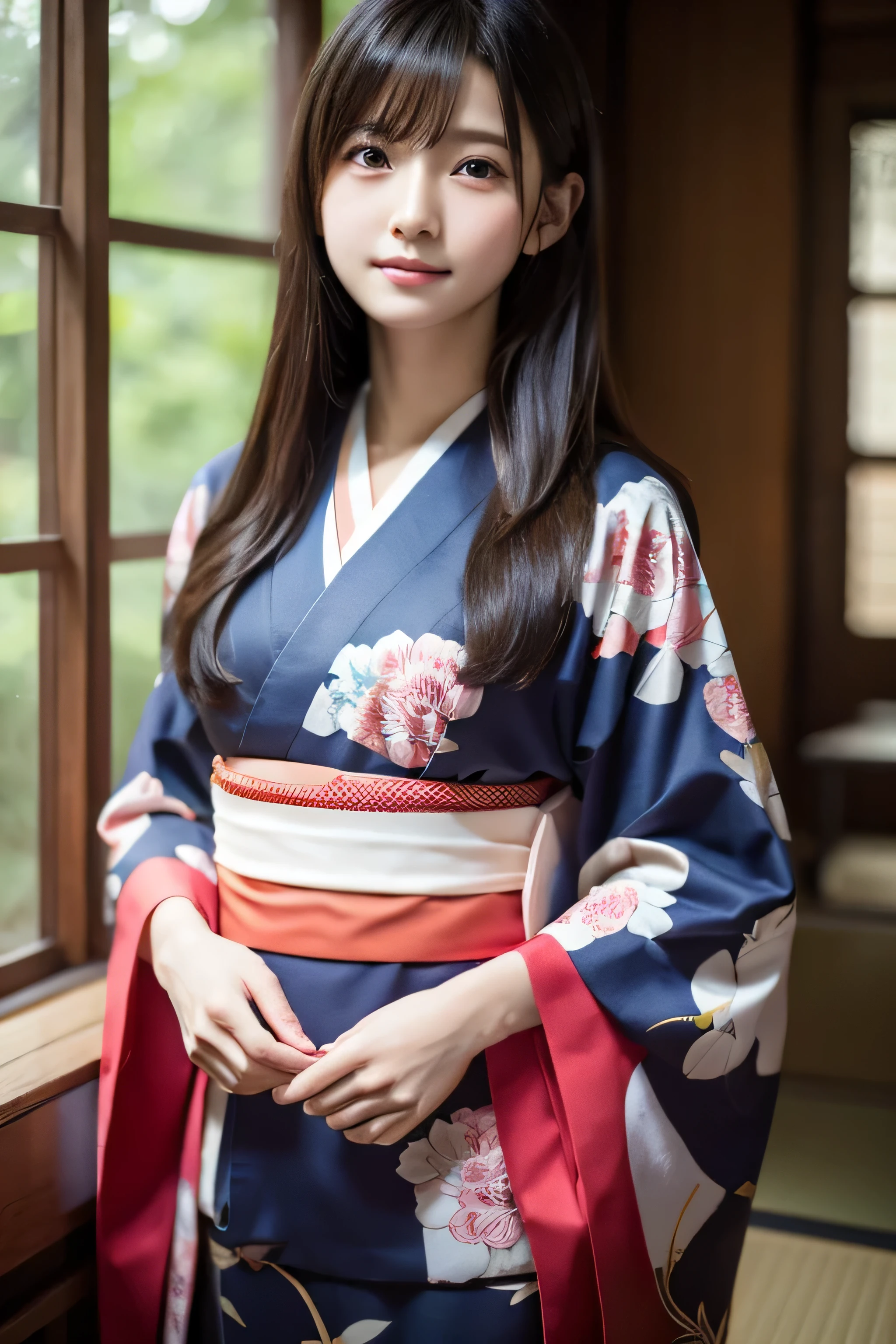 (Kimono)、((15yo student))、randome pose、(top-quality,​masterpiece:1.3,超A high resolution,),(ultra-detailliert,Caustics),(Photorealsitic:1.4,RAW shooting,)Ultra-realistic capture,A highly detailed,High resolution 16K human skin close-up、 Skin texture is natural、、The skin looks healthy with an even tone、 Use natural light and color,女の子1人,japanes,,kawaii,A dark-haired,Middle hair,,smil,,(depth of fields、chromatic abberation、、Wide range of lighting、Natural Shading、)、