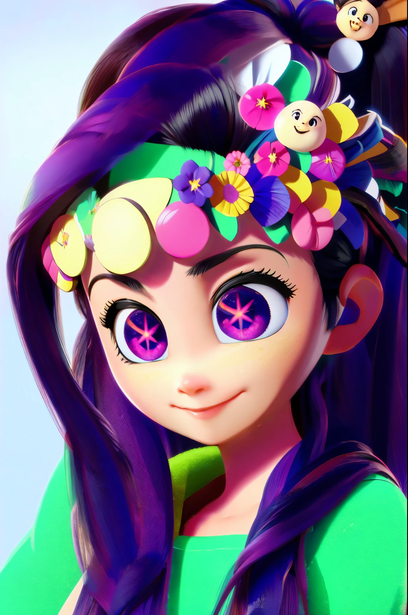 Um close de uma garota de desenho animado com cabelo roxo e flores no  cabelo - SeaArt AI