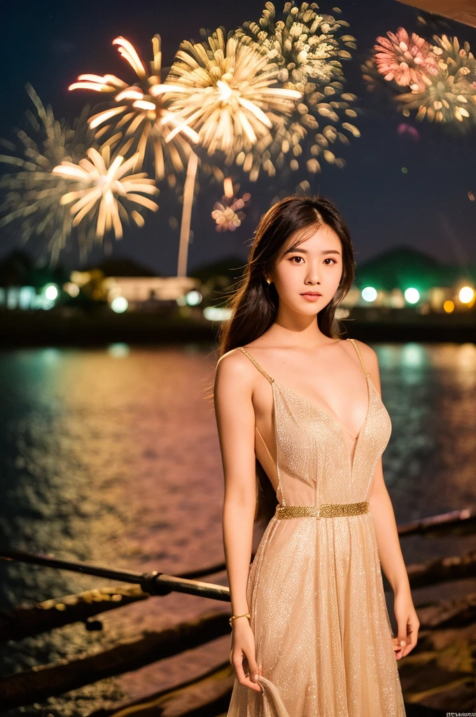 Une photo d&#39;une très belle fille thaïlandaise portant une robe thaïlandaise moderne et transparente blanche et dorée, debout à côté de la plage avec un cierge magique à la main. L&#39;ambiance est magnifique avec des feux d&#39;artifice et des lumières colorées le soir du réveillon du Nouvel An., Tout le corps