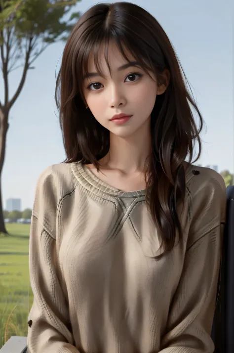 Best Quality, Photorealistic, 8K, hight resolution, fulcolor, 1girl in, Woman, 20 years old Woman, (Skindentation), (Portrait:0.6), Trees, park bench, Daylight, ((Park background:1.52)), fulcolor, ((Sweaters:1.68)), straight look at viewer:1.8, (1girl in e...
