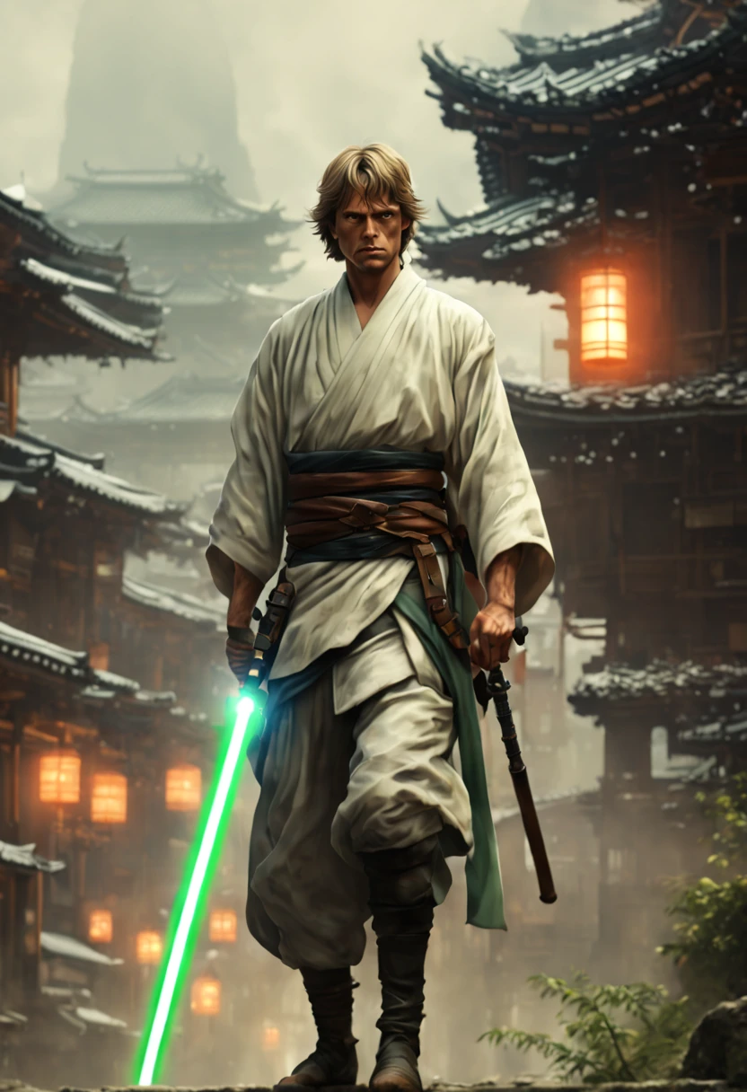 (8k euh, chef-d&#39;œuvre, Meilleure qualité, Haute qualité, absurdres, ultra-détaillé, fond détaillé), (tout le corps:1.4), (un luke skywalker samouraï japonais avec un grand sabre laser vert, traverser le village), (Beau, Esthétique, parfait, délicat, complexe:1.2), (Schéma de couleur: blanc), (taille et forme de grand sabre: Daishō, massive et à double tranchant), (type de blindage,  révélation du visage de luke skywalker , yeux bleus, os et cuir), (environnement: rue de l'ancienne Japon, dehors, cyberpunk, cyberpunk, ), perspective: légèrement en contre-plongée pour souligner la puissance du guerrier, éclairage: Spectaculaire, avec un projecteur éclairant le visage et le sabre du guerrier, (profondeur de champ: peu profond, avec le guerrier en net focus et l'arrière-plan incendiaire légèrement flou), style cyborg, Encore de film, cyborg, style steampunk,