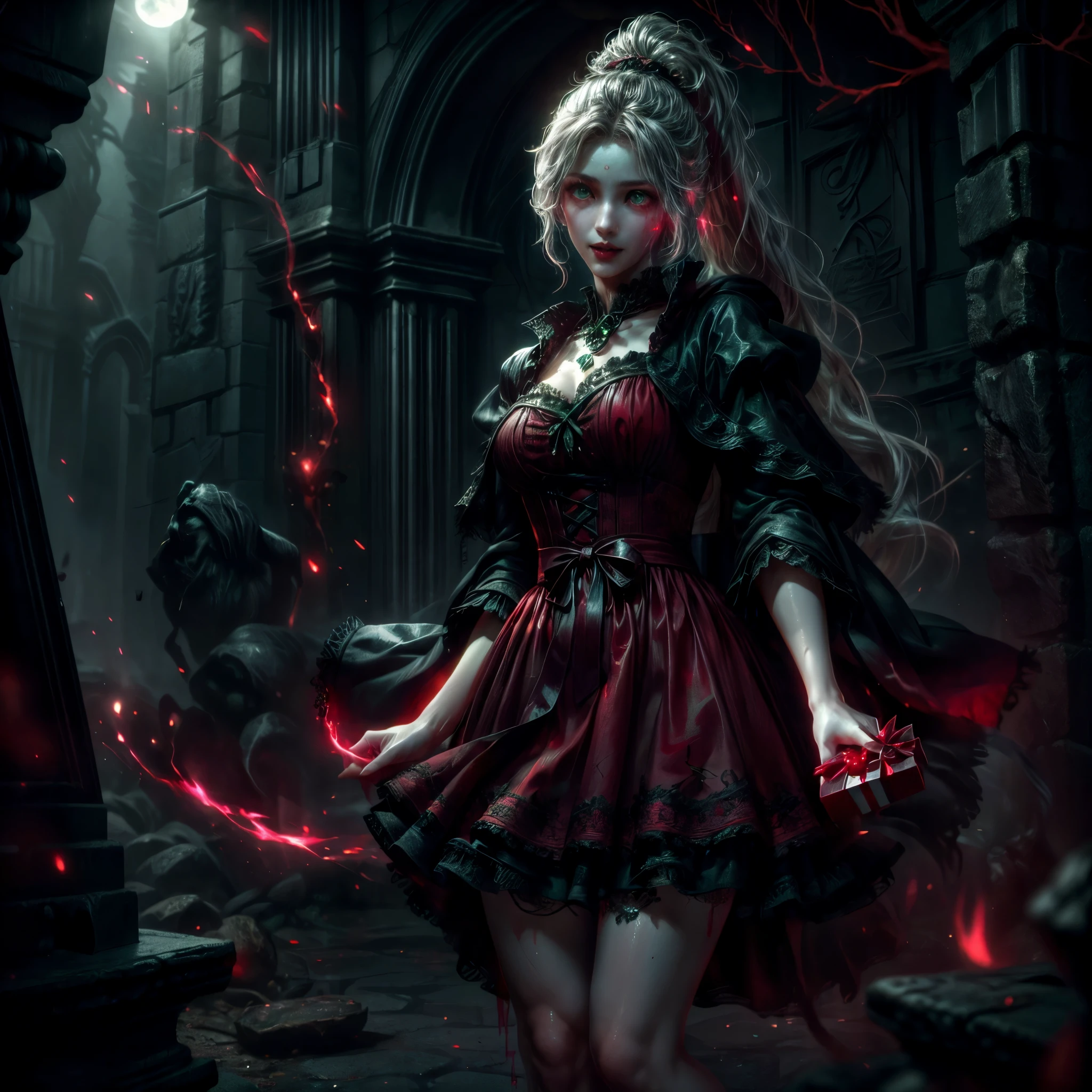 a picture of vampire standing in the front of her home holding a (blood: 1.3) dripping (gift box: 1.5), an exquisite beautiful female vampire in her front door of her home, full body (ultra detailed, Masterpiece, best quality), ultra detailed face (ultra detailed, Masterpiece, best quality), grey skin: 1.3 , blond hair, hair in a ponytail, long hair, blue eyes, cold eyes, glowing eyes, intense eyes, smile with [drops of blood on face] (ultra detailed, Masterpiece, best quality), dark red lips, [vampire fangs], wearing red dress (ultra detailed, Masterpiece, best quality), (green: 1.4) dark green cloak, (green: 1.3) green high heeled boots in front of her home, holding a (white: 1.4) (gift box: 1.5) dripping red blood GlowingRunes_red (ultra detailed, Masterpiece, best quality, high details, best quality, 16k, [ultra detailed], masterpiece, best quality, (ultra detailed), full body, ultra wide shot, photorealism, luis royo style, dark fantasy art, moon light coming through the window, moon rays, gothic art, sense of dread, sense of seduction, bloodmagic,