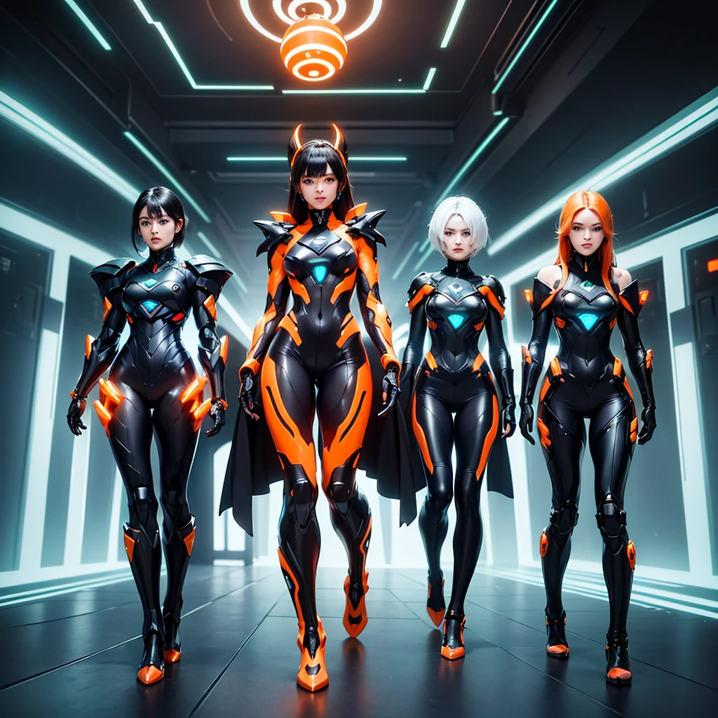 3 young women, (((many clothes))), fully body, from head to toes, standingn, Female One, (((darkskin))), Black hair with ponytail, Light Blue Eyes, Round Glasses with a Lightly Dark Lens with this Lens being Orange, and the Light Blue frame, ((Black Metallic Gauntlets and Greaves with Orange and Silver Highlights)), (((The clothes have a mix of modern and tribal))), having the majority of the color black, but having Orange Parts, Shoulders on Display, On the Hip, a Short that extends to Half the Thigh in black.
 (((in hyper realistic and detailed golden lines neon lit sci-fi plugsuit white mecha armor, Ethereal Aesthetic Style))) beauty brunette woman with realistic pigtail hair, intricate face of perfect beauty, detailed sharp eyes, face detailed, (((From face to waist))), (((beauty shape))), master part, 4K, uhd