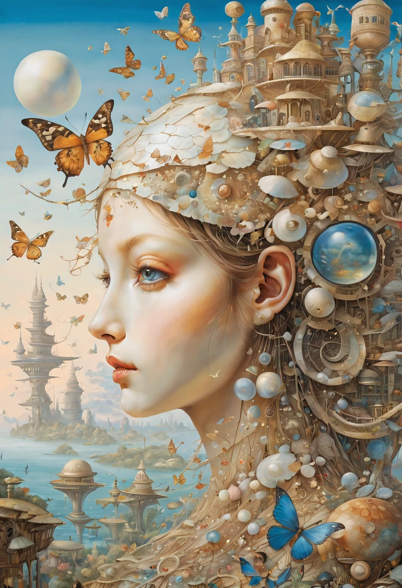 high quality, highly detailed, fantasy, At the forefront of this enchanting scene stands A Gorgeous Girl, a Mother of Pearl Loingloth .This surrealistic painting features(( Butterflys )) and Snail Houses draped over various objects computer, spaceship, Salvador Dalis face, in a dreamlike landscape. Its distorted reality and unsettling beauty in the style of Leonardo Davinchi,