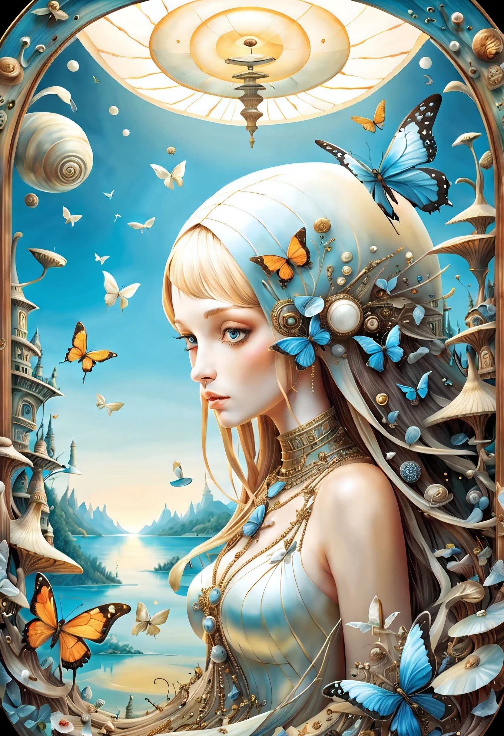 high quality, highly detailed, fantasy, At the forefront of this enchanting scene stands A Gorgeous Girl, a Mother of Pearl Loingloth .This surrealistic painting features(( Butterflys )) and Snail Houses draped over various objects computer, spaceship, Salvador Dalis face, in a dreamlike landscape. Its distorted reality and unsettling beauty in the style of Leonardo Davinchi,