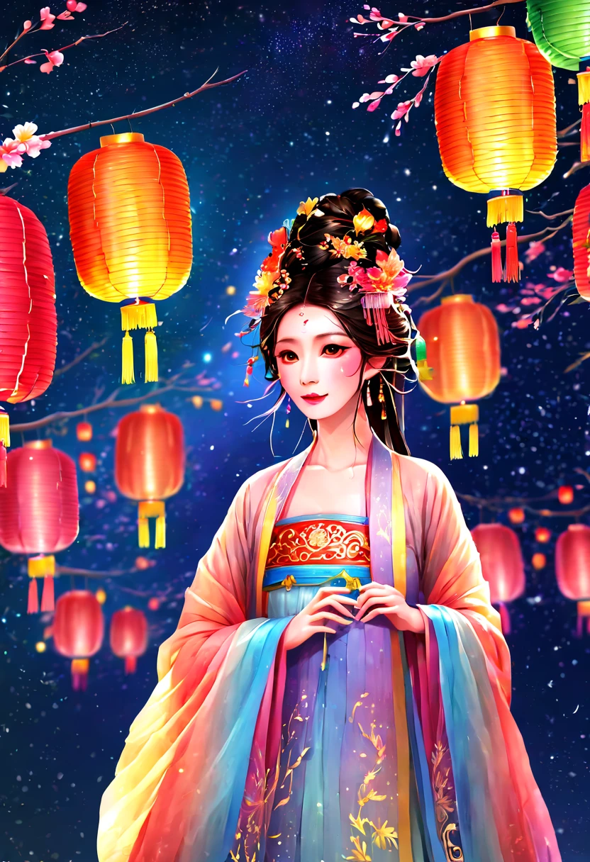 ((Celebrate New Year’s Day at the beautiful Yuyuan Garden in Shanghai))，new year 2024，(Colorful lanterns and decorationireworks in the night sky:1.8)，(挂满了很多Colorful lanterns and decorations)，Gorgeous Yu Garden，(((Fireworks bloom)))，Beautiful bright lights of fireworks and lanterns，a joyful atmosphere，(Korean girl shows off her most beautiful Hanfu fashion dance in Yuyuan Garden:1.sychedelic stage，Ethereal atmosphere, (Anatomically correct, Delicate face makeup , pretty  face, The face shape is perfectly proportioned),（Advanced facial details:1.1）A collection of shiny blue luxury Hanfu dresses，Gorgeous Hanfu costumes and Hanfu beauties，真实感，Amazing Cleavage, 电影灯光, Sony FE , wide angles, first person perspective, 8K, hyper HD, tmasterpiece, acurate, ctextured skin, high detal, Best quality at best, Award-Awarded，Shoot from a distance，Sense of distance