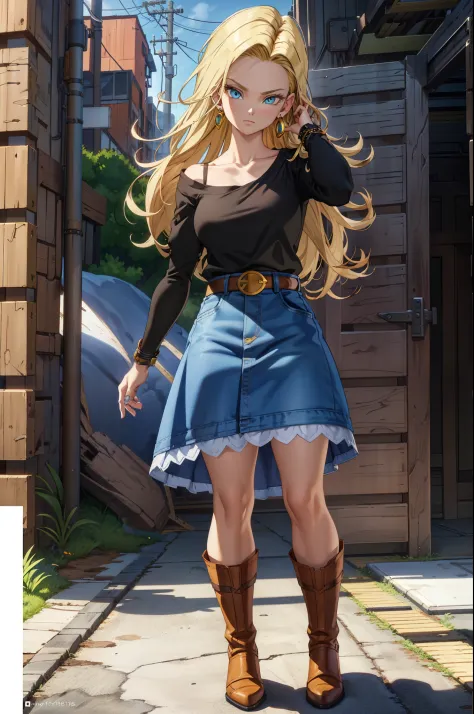 (extremely detailed CG unity 4k wallpaper),(masterpiece),(best quality),(ultra-detailed),(best illustration),(best shadow),(absurdres),(detailed background), Android 18, android 18, 1girl, solo, black hair, skirt, blue eyes, white background, full body, bo...