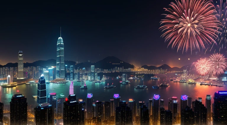 fireworks over the city at night with boats and ships, cyberpunk art by Patrick Ching, trending on cgsociety, digital art, beautiful cityscape, 4k highly detailed digital art, city like hong kong, hd anime cityscape, beautiful digital artwork, beautiful city of the future, ross tran. scenic background, 8 k resolution digital painting, 8k resolution digital painting