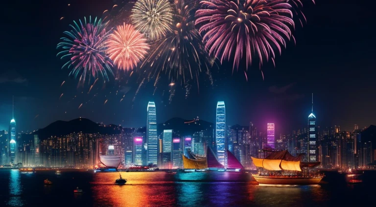 fireworks over the city at night with boats and ships, cyberpunk art by Patrick Ching, trending on cgsociety, digital art, beautiful cityscape, 4k highly detailed digital art, city like hong kong, hd anime cityscape, beautiful digital artwork, beautiful city of the future, ross tran. scenic background, 8 k resolution digital painting, 8k resolution digital painting