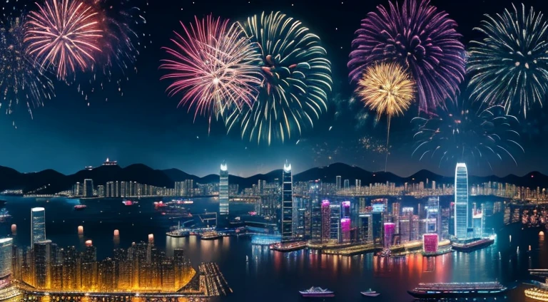 fireworks over the city at night with boats and ships, cyberpunk art by Patrick Ching, trending on cgsociety, digital art, beautiful cityscape, 4k highly detailed digital art, city like hong kong, hd anime cityscape, beautiful digital artwork, beautiful city of the future, ross tran. scenic background, 8 k resolution digital painting, 8k resolution digital painting