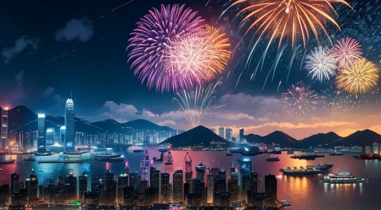 fireworks over the city at night with boats and ships, cyberpunk art by Patrick Ching, trending on cgsociety, digital art, beautiful cityscape, 4k highly detailed digital art, city like hong kong, hd anime cityscape, beautiful digital artwork, beautiful city of the future, ross tran. scenic background, 8 k resolution digital painting, 8k resolution digital painting