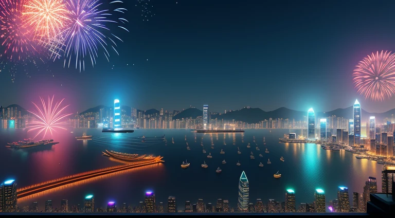 fireworks over the city at night with boats and ships, cyberpunk art by Patrick Ching, trending on cgsociety, digital art, beautiful cityscape, 4k highly detailed digital art, city like hong kong, hd anime cityscape, beautiful digital artwork, beautiful city of the future, ross tran. scenic background, 8 k resolution digital painting, 8k resolution digital painting