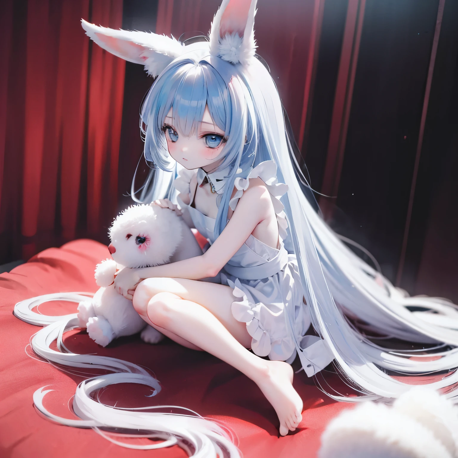 Anime Sitting Nude - Anime girl with long blue hair sitting on a bed holding a white dog -  SeaArt AI