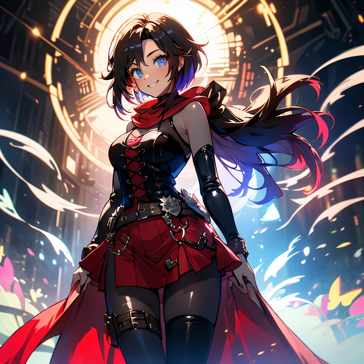 masutepiece, Best Quality:1.2), Solo, 1girl in, Mistral Rose, Smile, Looking at Viewer, Dress, corsets, red cape, thighs thighs thighs thighs