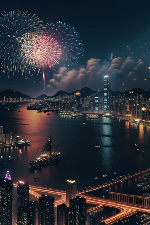 fireworks over the city at night with boats and ships, cyberpunk art by Patrick Ching, trending on cgsociety, digital art, beautiful cityscape, 4k highly detailed digital art, city like hong kong, hd anime cityscape, beautiful digital artwork, beautiful city of the future, ross tran. scenic background, 8 k resolution digital painting, 8k resolution digital painting