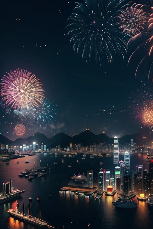 fireworks over the city at night with boats and ships, cyberpunk art by Patrick Ching, trending on cgsociety, digital art, beautiful cityscape, 4k highly detailed digital art, city like hong kong, hd anime cityscape, beautiful digital artwork, beautiful city of the future, ross tran. scenic background, 8 k resolution digital painting, 8k resolution digital painting