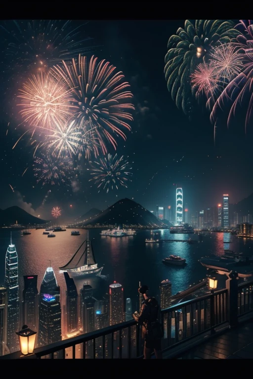 fireworks over the city at night with boats and ships, cyberpunk art by Patrick Ching, trending on cgsociety, digital art, beautiful cityscape, 4k highly detailed digital art, city like hong kong, hd anime cityscape, beautiful digital artwork, beautiful city of the future, ross tran. scenic background, 8 k resolution digital painting, 8k resolution digital painting