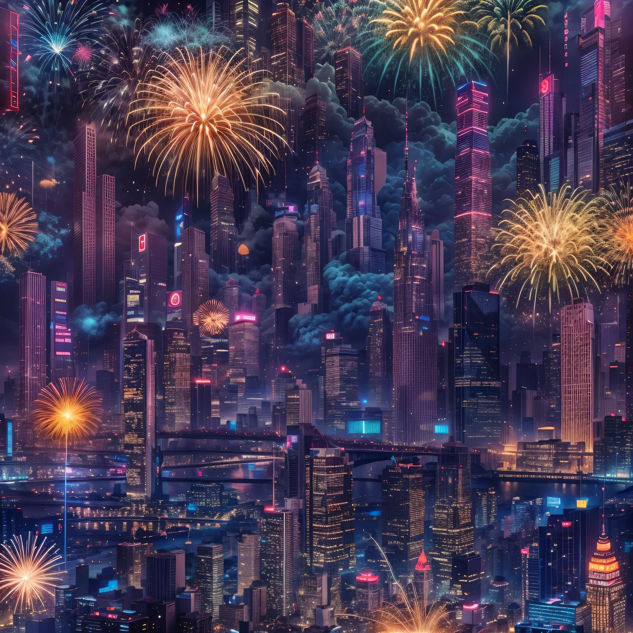 Cyberpunk Technology City，nighttime scene，Gorgeous fireworks，water cruise，Skyscrapers on both sides of the river，The prosperous metropolis of the future，urban lamplight show，Neon laser fireworks explode in the sky，Lots of fireworks，lamplight，