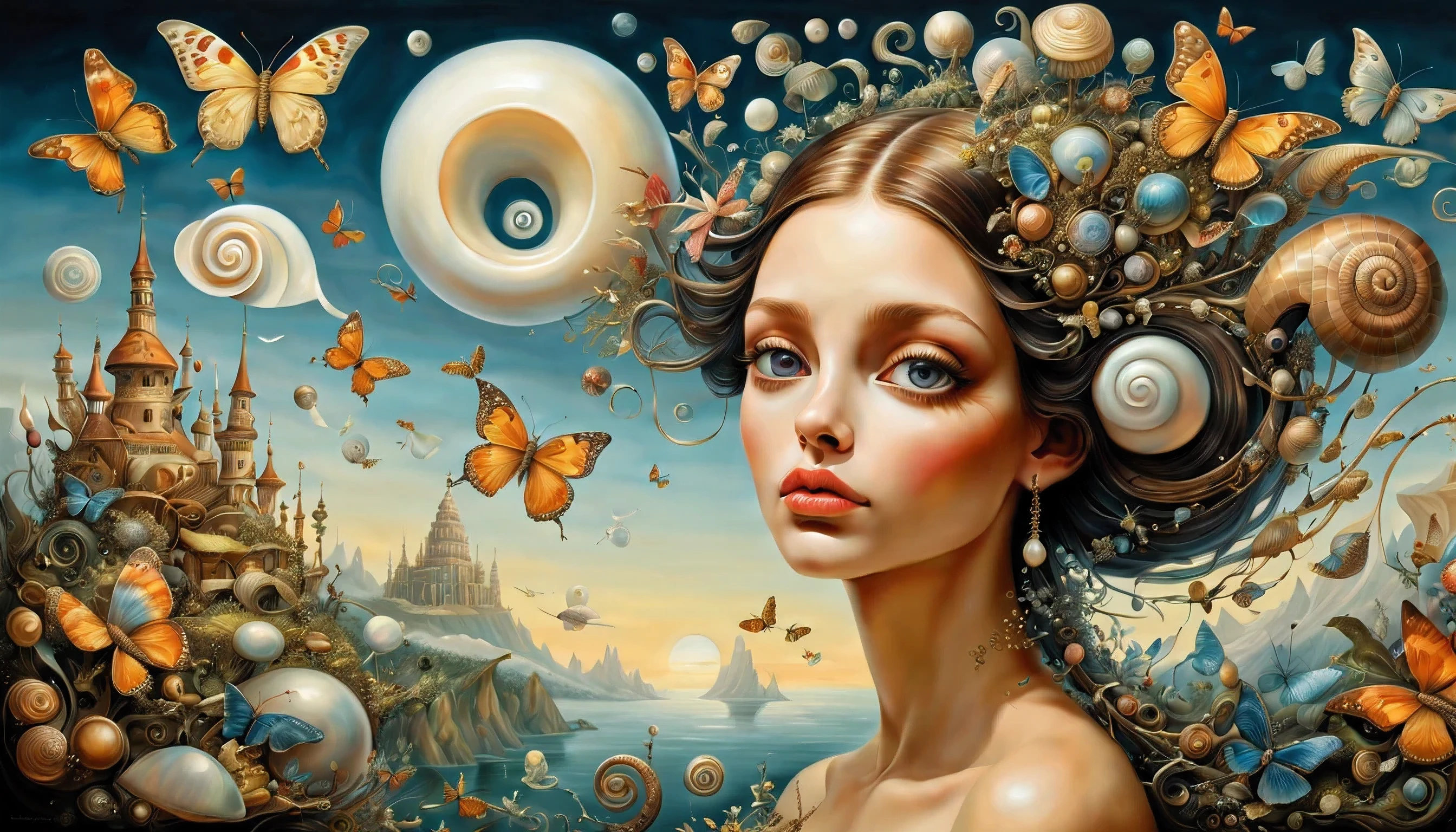 high quality, highly detailed, fantasy, At the forefront of this enchanting scene stands A Gorgeous Girl, a Mother of Pearl Loingloth .This surrealistic painting features(( Butterflys )) and Snail Houses draped over various objects computer, spaceship, Salvador Dalis face, in a dreamlike landscape. Its distorted reality and unsettling beauty in the style of Leonardo Davinchi,