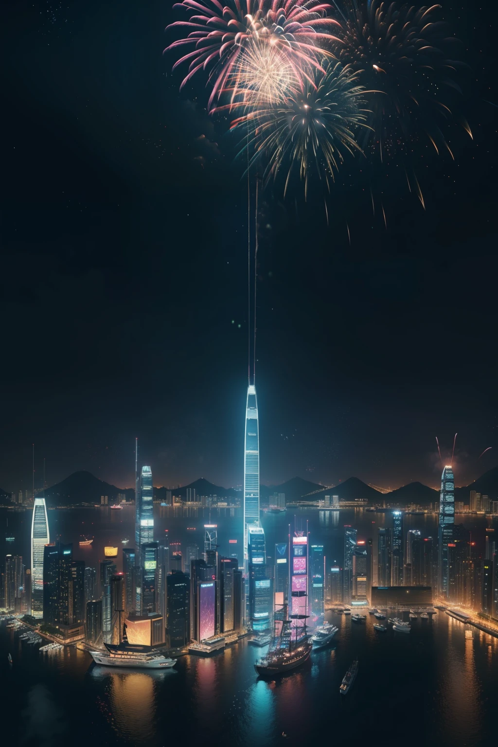 fireworks over the city at night with boats and ships, cyberpunk art by Patrick Ching, trending on cgsociety, digital art, beautiful cityscape, 4k highly detailed digital art, city like hong kong, hd anime cityscape, beautiful digital artwork, beautiful city of the future, ross tran. scenic background, 8 k resolution digital painting, 8k resolution digital painting