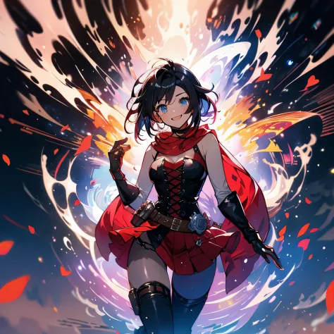 masutepiece, Best Quality:1.2), Solo, 1girl in, Mistral Rose, Smile, Looking at Viewer, Dress, corsets, red cape, thighs thighs thighs thighs､short-hair