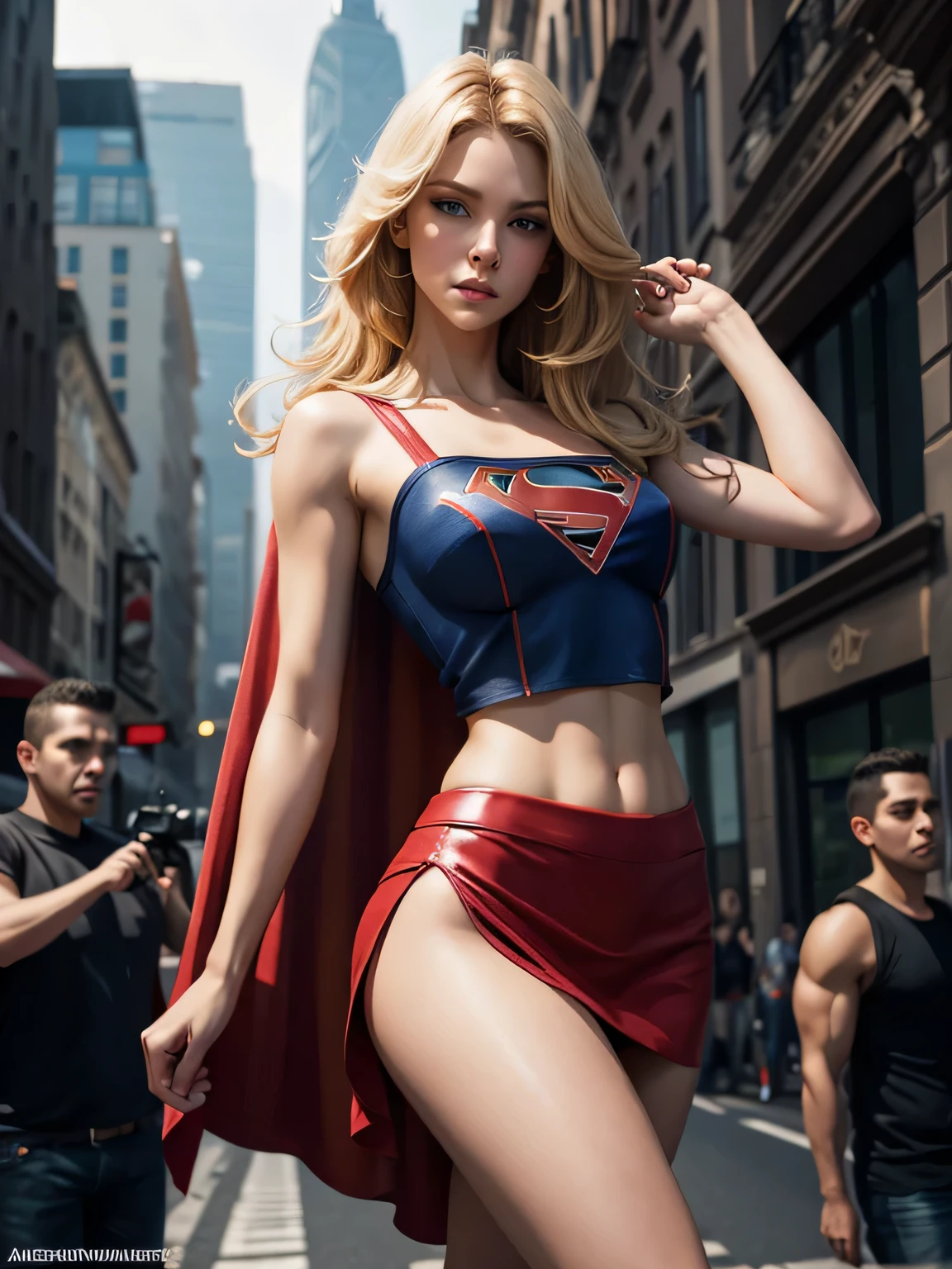 Supergirl, tenue de prostituée bon marché, sexy, mini jupe rouge, crop top, jambes nues, corps entier, 4 9 9 0 s, longs cheveux blonds, yeux bleus, complexe, élégant, très détaillée, peinture numérique, ArtStation, Art conceptuel, smouth, mise au point nette, Illustration par Wlop, Charlie Bowater et Alexandra Fomina. Danser dans une pole dance pour une foule de criminels, merveilleuse beauté, jolies caractéristiques, Éclairage dynamique, Réalistique, moins musclé, moins de vêtements, Pas de soutien-gorge, Pas de pantalon. (2garçons attrapant le sein de 1fille:1.1)