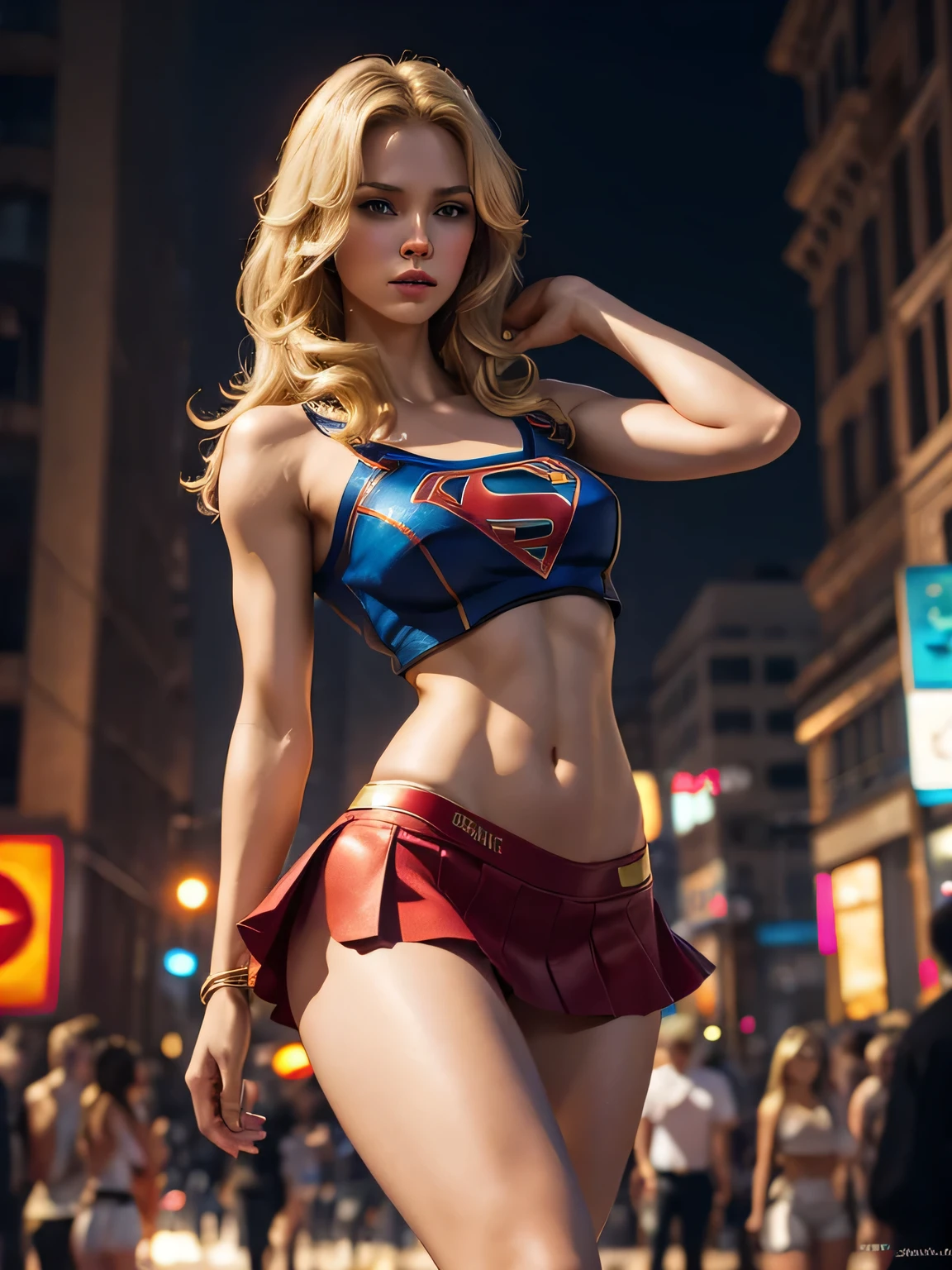 Supergirl, bon marché prostitution tenue, sexy, mini jupe rouge, crop top, jambes nues, corps entier, 4 9 9 0 s, longs cheveux blonds, yeux bleus, complexe, elegant, Very detailed, digital painting, ArtStation, Art conceptuel, smouth, mise au point nette, Illustration par Wlop, Charlie Bowater et Alexandra Fomina. Danser dans une pole dance pour une foule de criminels, merveilleuse beauté, nice features, dinamic lighting, réalistique, less muscular, Less clothing, Pas de soutien-gorge, Pas de pantalon.