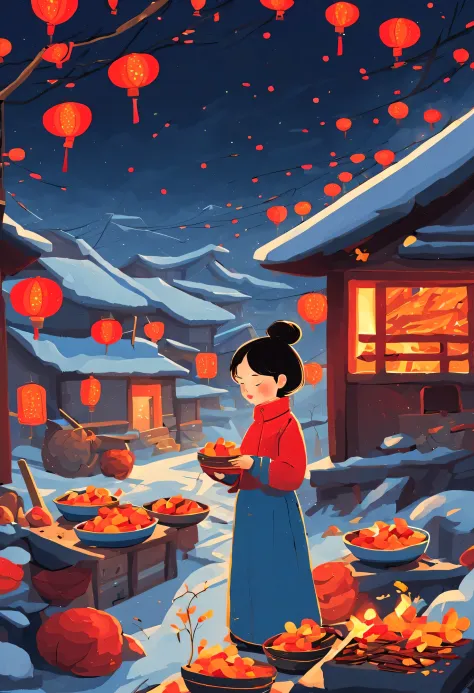 Iwona Lifsches Style，Beautiful girl in rural China is eating roasted sweet potatoes，Hot gas，Hot roasted sweet potato fireworks explode in the night sky，Background with：indoor country stove，Lunar New Year Snow Night，Red lanterns，