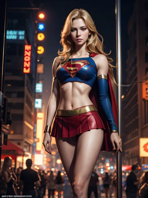 supergirl, bon marché prostitution tenue, sexy, mini jupe rouge, crop top, jambes nues, corps entier, 4 9 9 0 s, longs cheveux b...