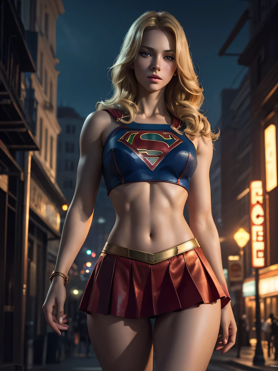 Supergirl, bon marché prostitution tenue, sexy, mini jupe rouge, crop top, jambes nues, corps entier, 4 9 9 0 s, longs cheveux blonds, yeux bleus, complexe, elegant, Very detailed, digital painting, ArtStation, Art conceptuel, smouth, mise au point nette, Illustration par Wlop, Charlie Bowater et Alexandra Fomina. Danser dans une pole dance pour une foule de criminels, merveilleuse beauté, nice features, dinamic lighting, réalistique, less muscular, Less clothing, Pas de soutien-gorge, Pas de pantalon.