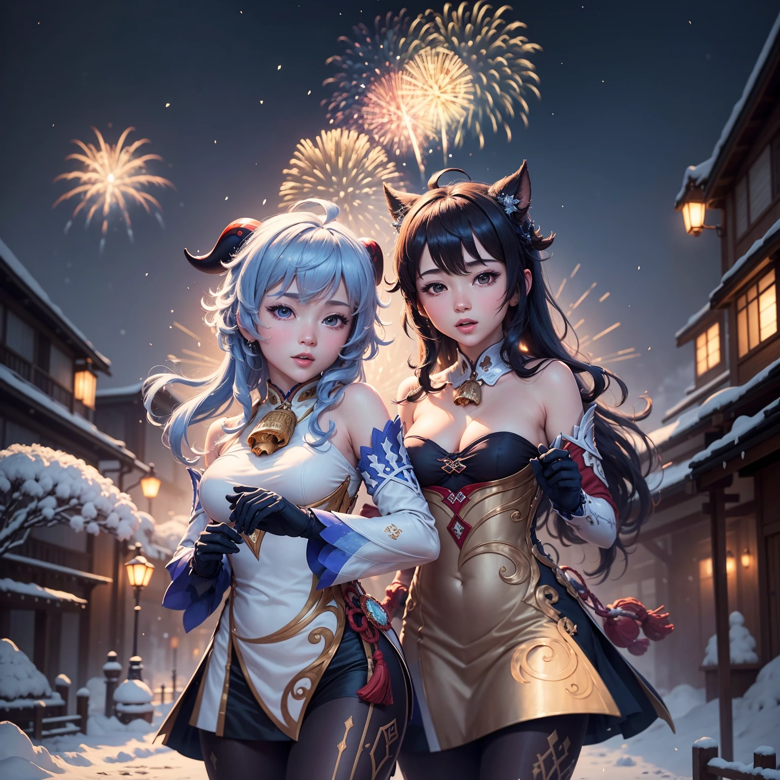 portrait,paysage,Peinture,illustration,embauché \(impact genshin\),Flocons de neige d&#39;hiver flottant,Ambiance festive,(grand feu d&#39;artifice dans le ciel nocturne),Feux d&#39;artifice étincelants,couleurs fascinantes,ambiance romantique,immeubles de grande hauteur futuristes,Étoiles scintillantes,(célébration de la nouvelle année),sentiment d&#39;excitation accablant,moment magique,composition inspirante et artistique. Meilleure qualité,4k,8k,haute résolution,chef-d&#39;œuvre:1.2,ultra-détaillé,Réaliste:1.37,