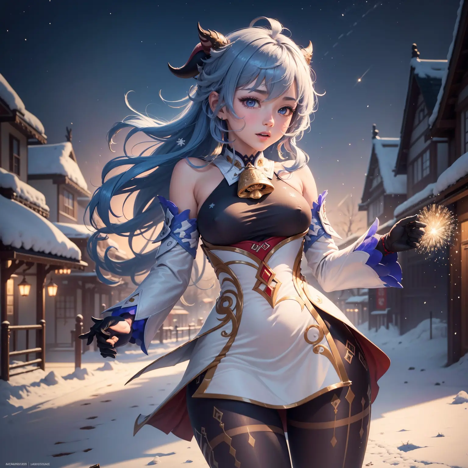 portrait,landscape,painting,illustration,ganyu \(genshin impact\),Winter snowflakes fluttering,festive atmosphere,(grand firewor...