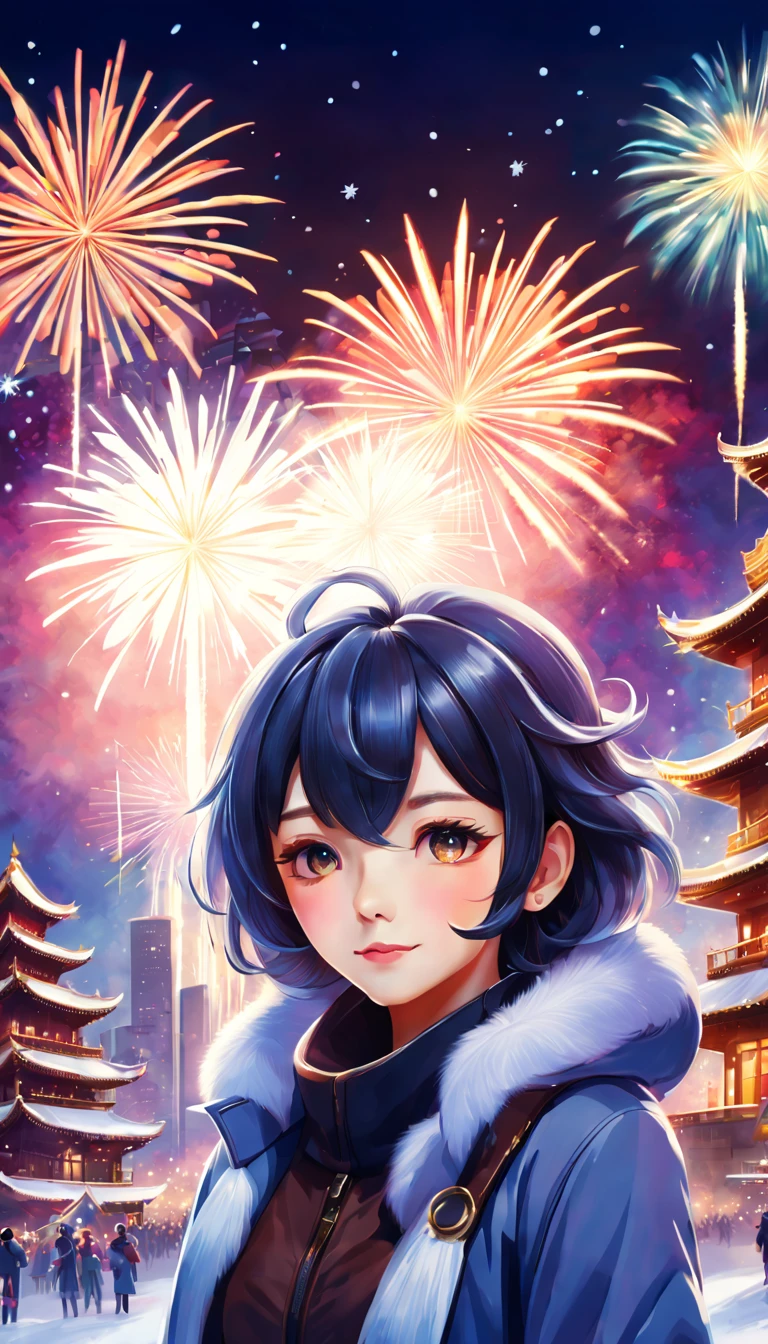 portrait,landscape,painting,illustration,ganyu \(genshin impact\),Winter snowflakes fluttering,festive atmosphere,(grand fireworks display in the night sky),sparkling fireworks,mesmerizing colors,romantic ambiance,Futuristic high-rise buildings,twinkling stars,(celebration of the new year),overwhelming sense of excitement,magical moment,inspiring and artistic composition. best quality,4k,8k,highres,masterpiece:1.2,ultra-detailed,realistic:1.37,