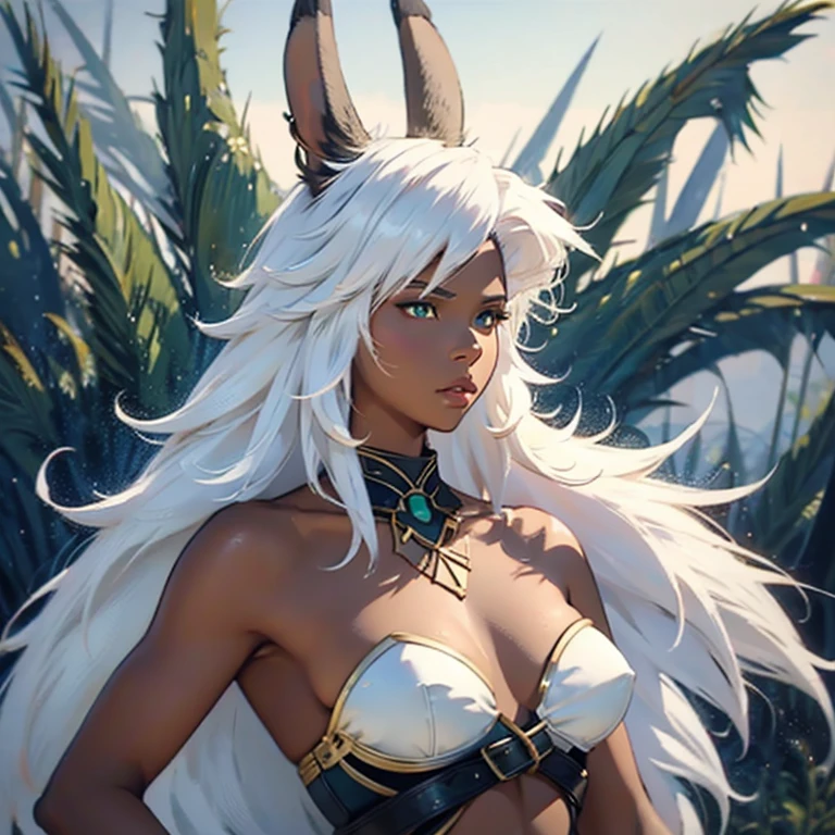 Best quality, masterpiece, super detailed high resolution, (realistic: 1.4), full bodyview, 1 Girl Holding katana, (Solo Exhibition: 1.2), open white fur mantle, abs, toned body, muscle, Earrings, messy_long_hair, Movie Lights, lens_flare, dark brown skin, brown skin, dark skin, ebony skin, green eyes, white hair, white rabbit ears, sword unsheathed,