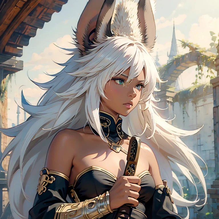 Best quality, masterpiece, super detailed high resolution, (realistic: 1.4), full bodyview, 1 Girl Holding katana, (Solo Exhibition: 1.2), open white fur mantle, abs, toned body, muscle, Earrings, messy_long_hair, Movie Lights, lens_flare, dark brown skin, brown skin, dark skin, ebony skin, green eyes, white hair, white rabbit ears, sword unsheathed,