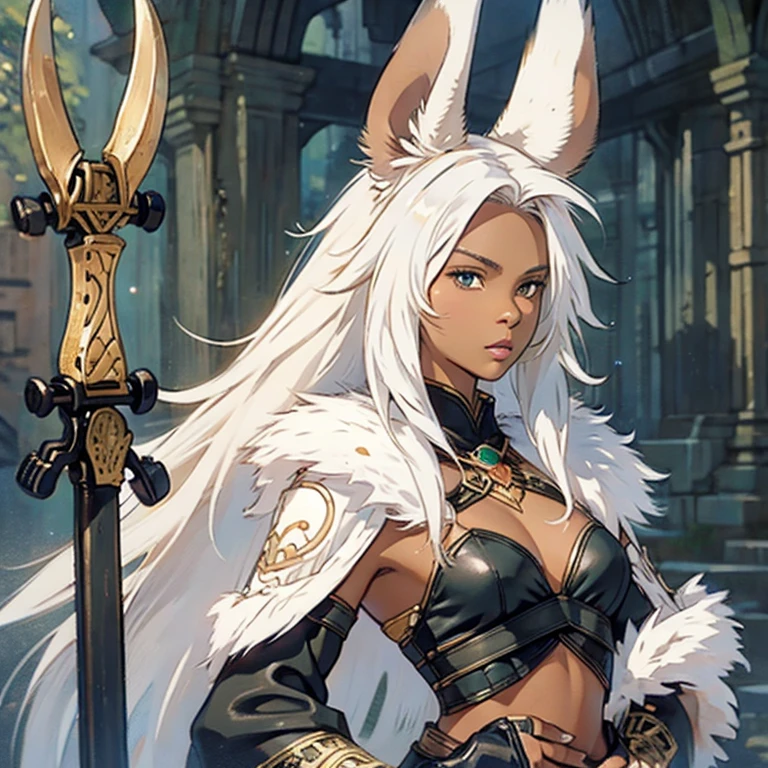 Best quality, masterpiece, super detailed high resolution, (realistic: 1.4), full bodyview, 1 Girl Holding katana, (Solo Exhibition: 1.2), open white fur mantle, abs, toned body, muscle, Earrings, messy_long_hair, Movie Lights, lens_flare, dark brown skin, brown skin, dark skin, ebony skin, green eyes, white hair, white rabbit ears, sword unsheathed,